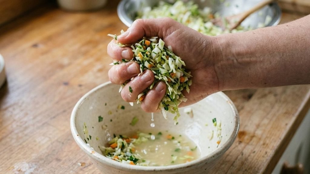 Hands squeezing chopped cabbage over a bowl to remove excess moisture.

