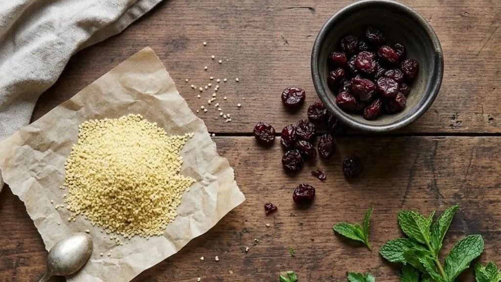 Dried cherries, couscous, walnuts, lemon, olive oil and fresh herbs arranged on a kitchen work surface.