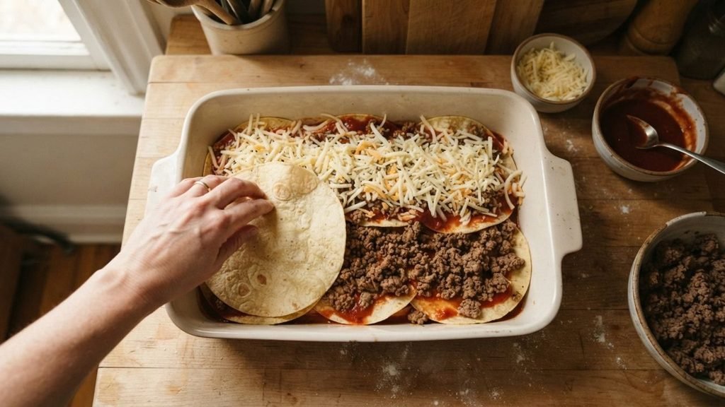 Overhead view of corn tortillas, seasoned ground beef, enchilada sauce, and cheese being layered in a baking dish.

