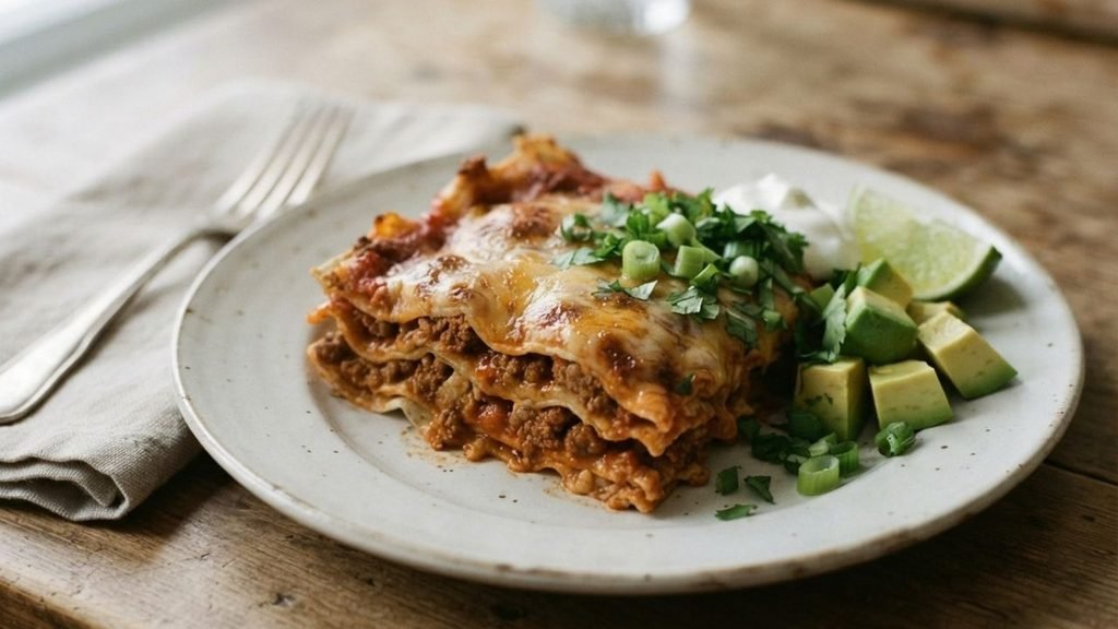 Serving of beef enchilada casserole with lime, cilantro, avocado, green onion, and sour cream.


