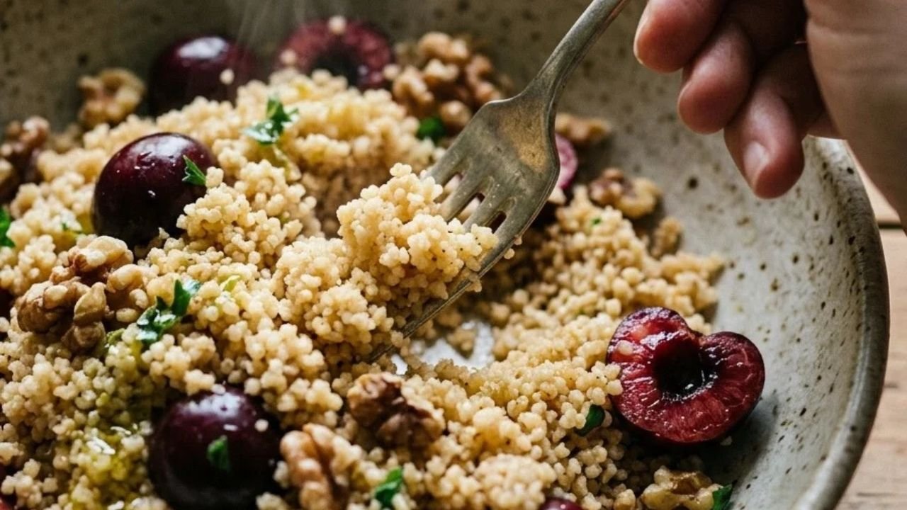 A fork separates couscous grains in a bowl containing dried cherries.