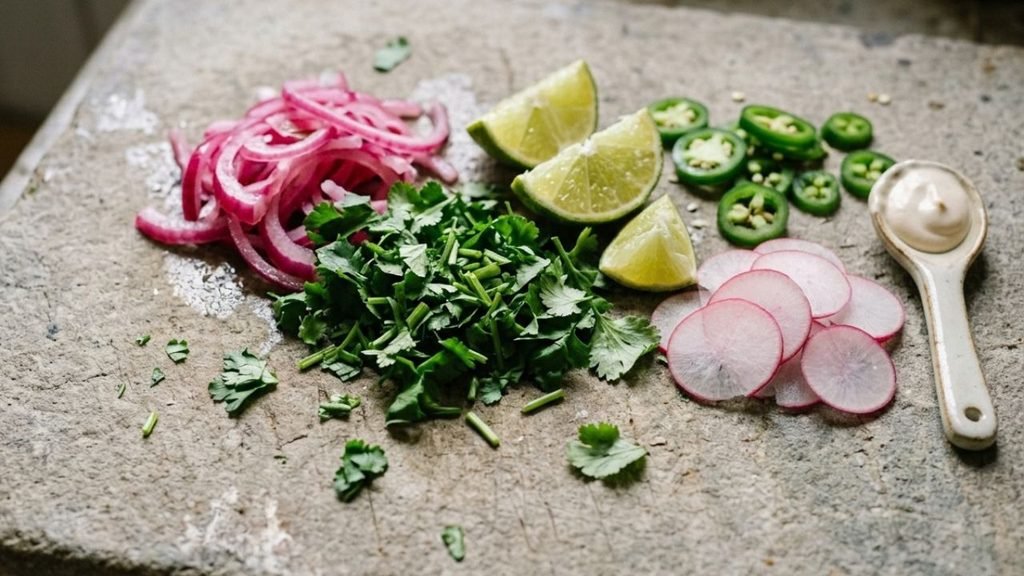 Pickled red onion, cilantro, lime, green chile and radish arranged as taco toppings.

