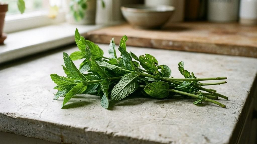 Fresh spearmint leaves and stems resting naturally on a pale kitchen surface.

