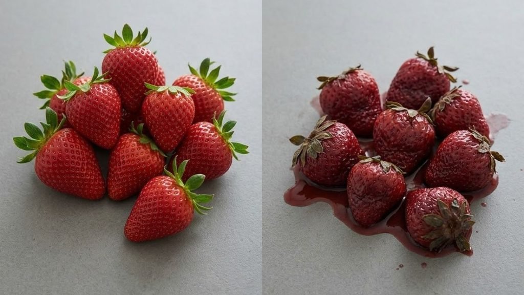 Fresh whole strawberries beside softened thawed strawberries with visible red juice.