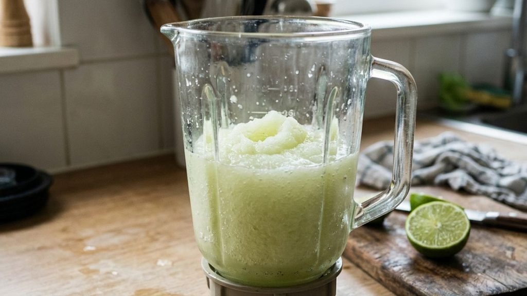 Fine, pale green frozen margarita mixture inside a blender jar.