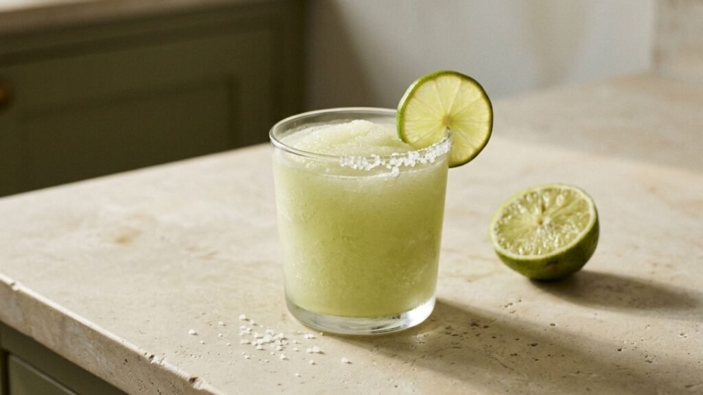 Pale green frozen margarita in a clear glass with a half-salted rim and lime garnish.