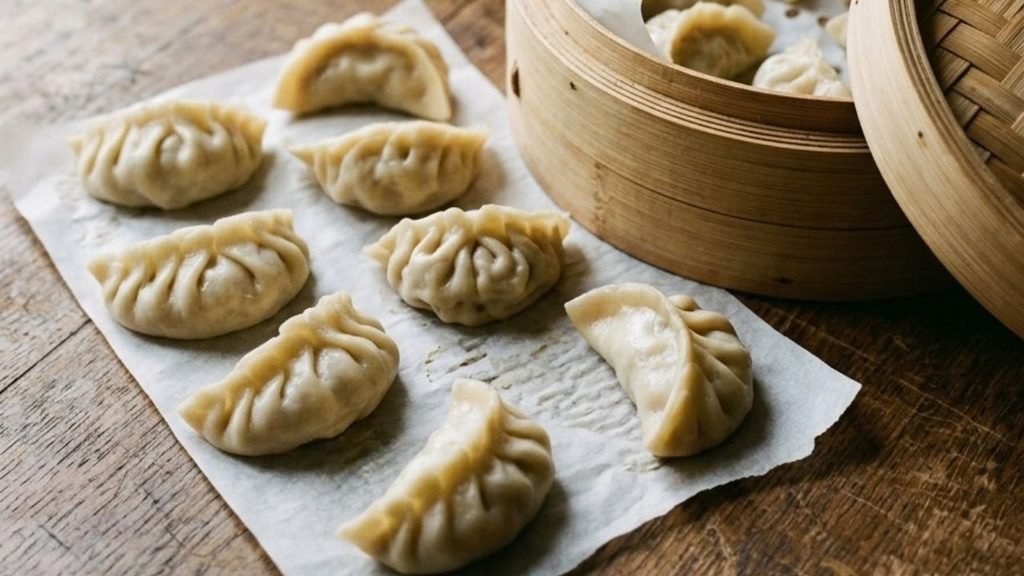 Handmade dumplings showing different pleat patterns beside an open bamboo steamer.

