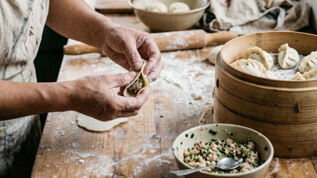 Hands folding handmade dumplings beside a bamboo steamer.