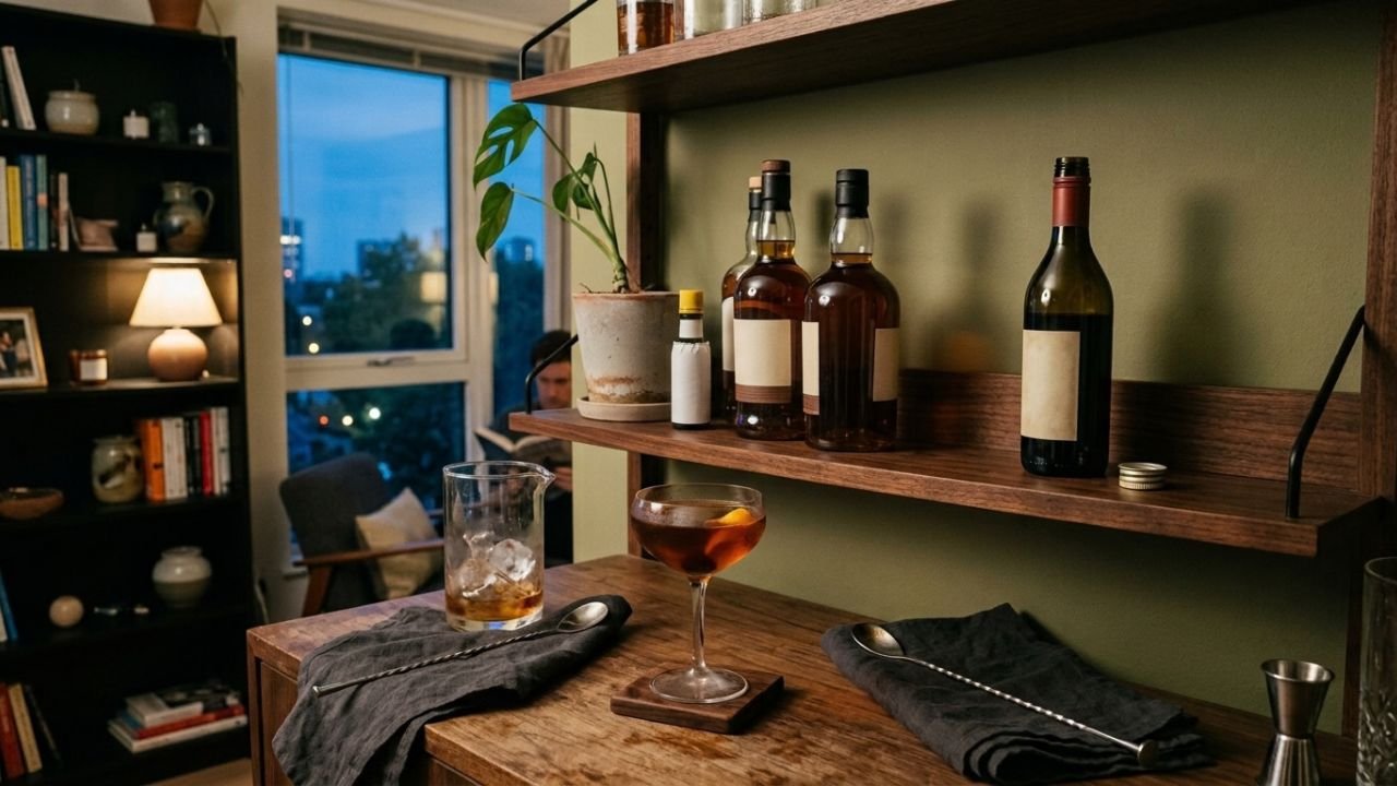 Home drinks shelf with whiskey, vermouth, cocktail glasses and a Manhattan.