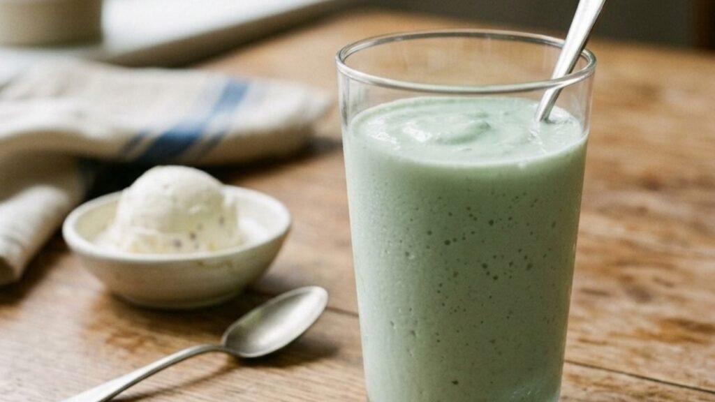 Pale green homemade milkshake in a clear glass on a wooden kitchen table.