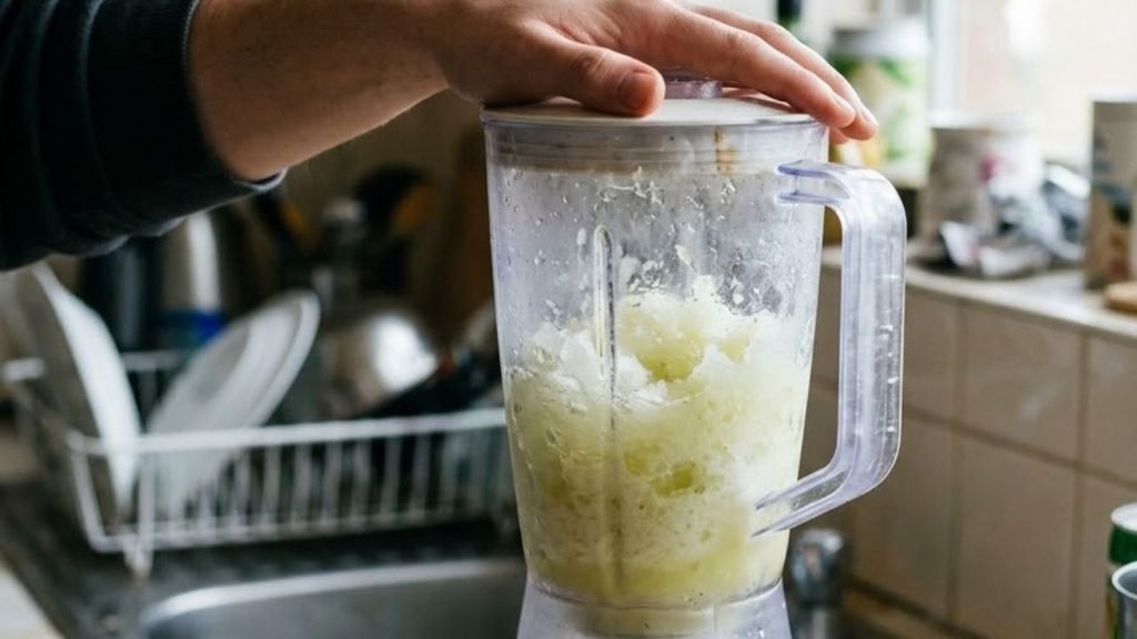 Hand processing partly frozen pale green margarita mixture in a blender container.