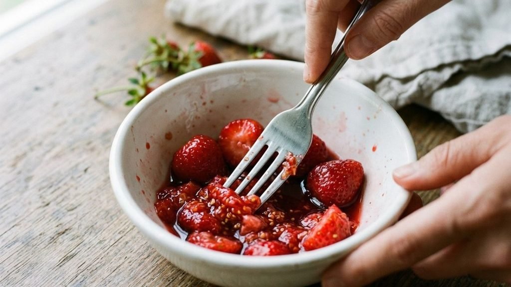 A hand mashing strawberries with a fork in a ceramic bowl.