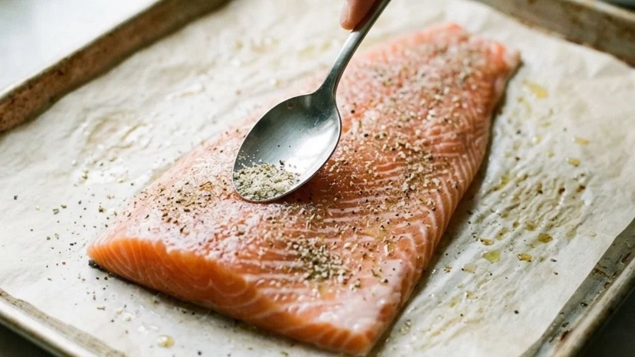 A hand spreads paprika and herb seasoning evenly over a raw salmon fillet on a lined baking tray.