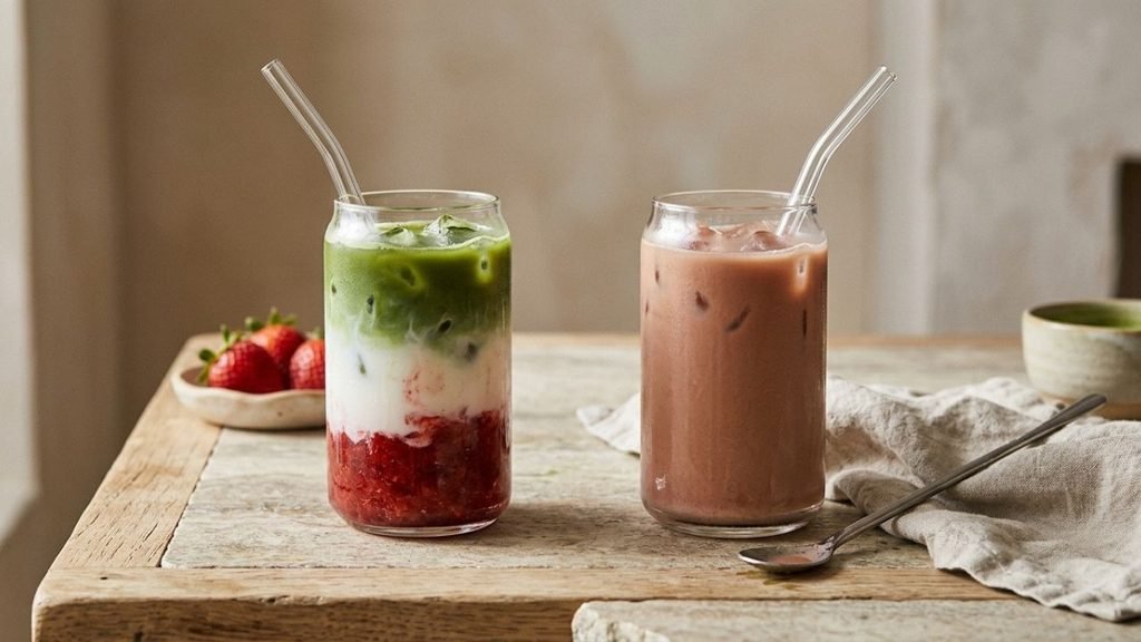 Two strawberry matcha drinks, one layered with red, white, and green bands and the other mixed together.