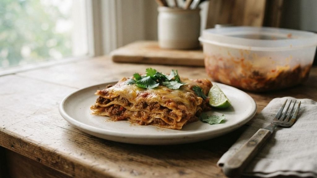 Reheated enchilada casserole on a plate with fresh cilantro and a lime wedge.

