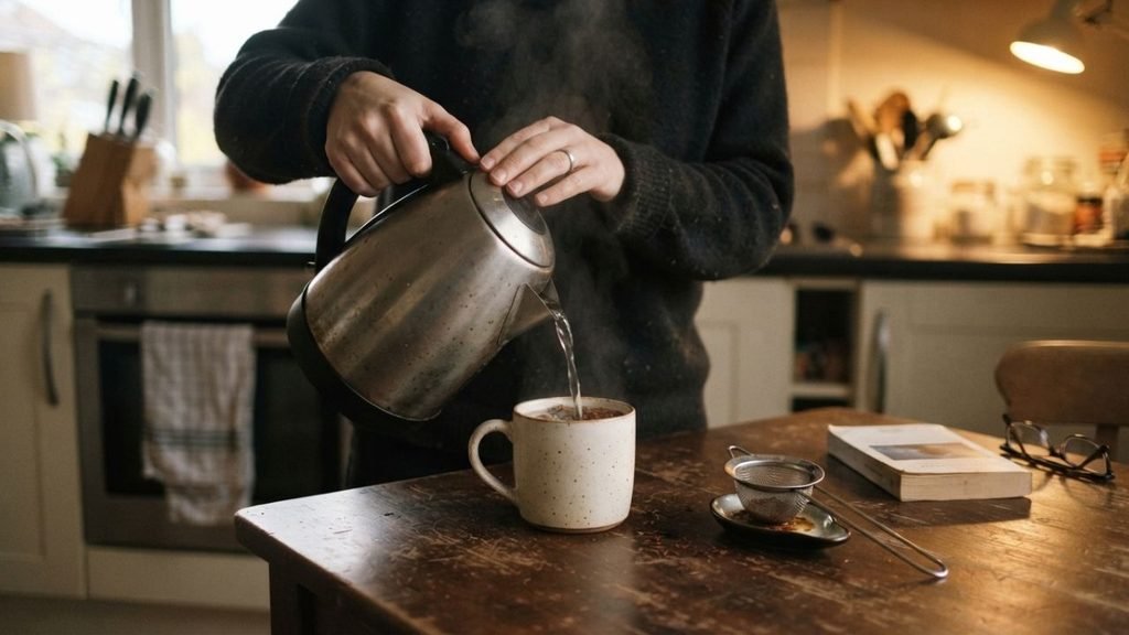 Person pouring hot water into a ceramic cup of rooibos at a kitchen table.