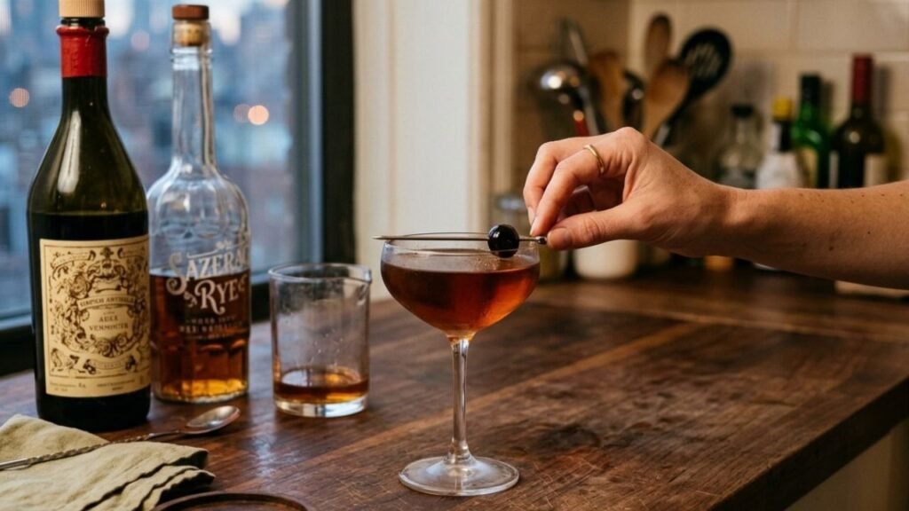 Manhattan cocktail beside whiskey, vermouth and bar tools on a dark wooden counter.