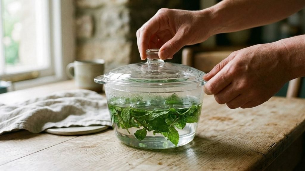 Hands placing a cover over fresh mint steeping in hot water inside a glass vessel.

