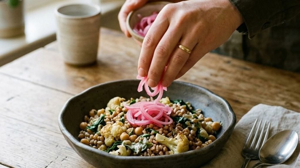 Hand placing pink pickled onions onto a simply plated home-cooked meal.


