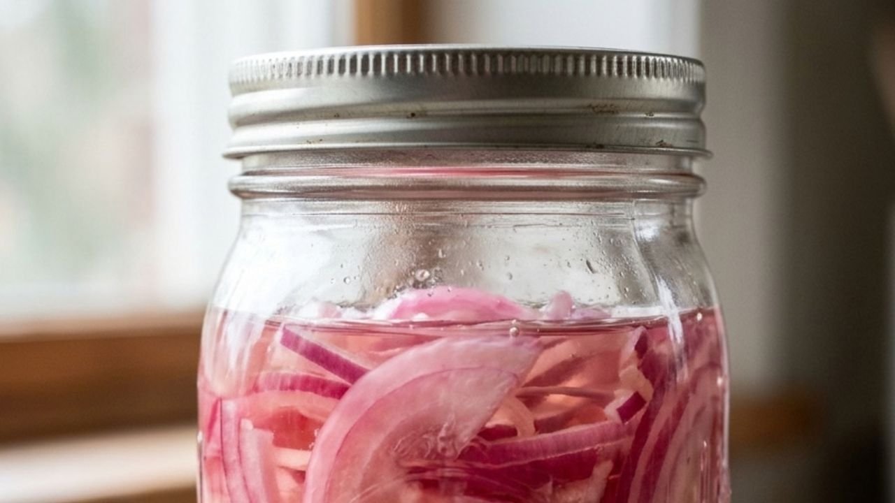 Translucent pink pickled red onion layers visible through a clear glass jar.

