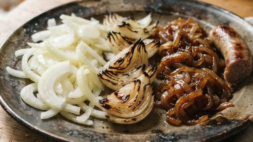 Raw sliced onion, grilled onion and caramelized onion shown side by side.

