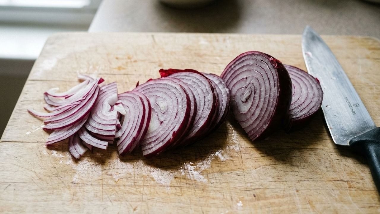 Red onion slices arranged in thin, medium, and thicker cuts on a wooden cutting board.

