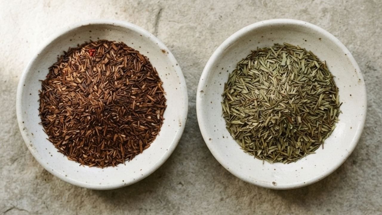 Dried red and green rooibos arranged separately in two ceramic dishes.