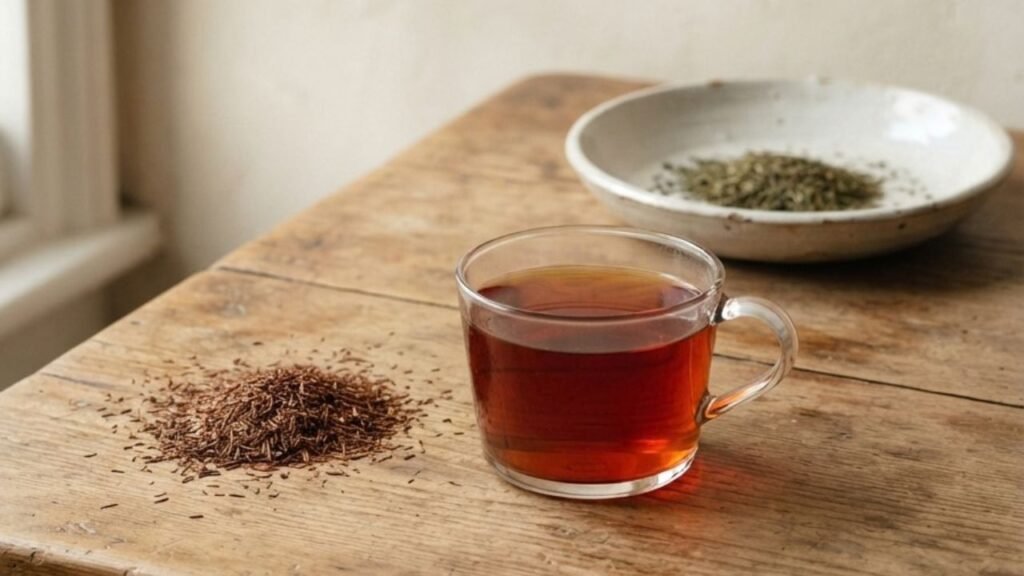 Glass cup of amber-red rooibos beside dried red and green rooibos leaves.