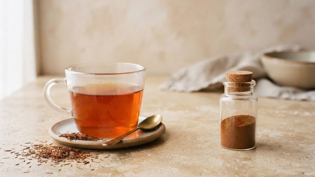 Cup of rooibos tea placed apart from a small container of concentrated botanical powder.