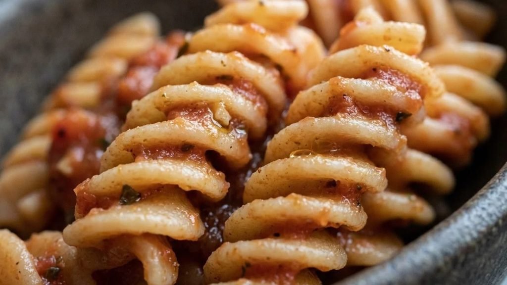 Rotini coated with tomato sauce, with the pasta's spiral ridges clearly visible.
