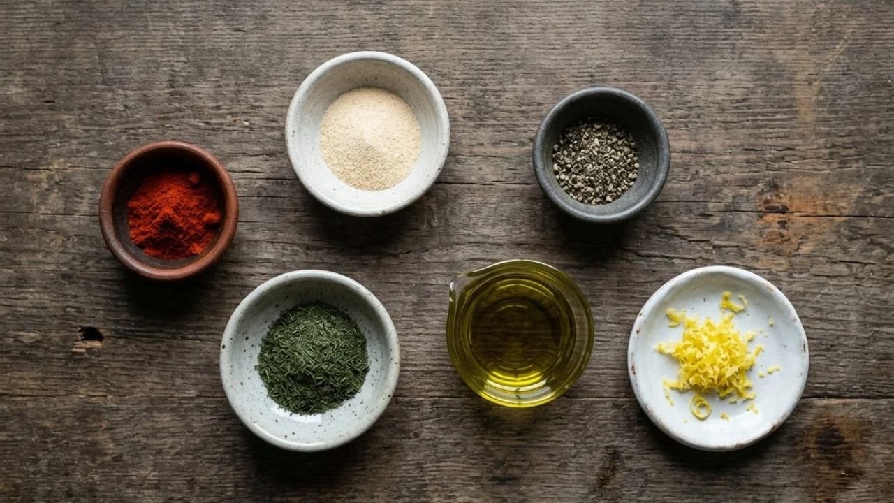 Separate bowls of paprika, garlic powder, black pepper, and dried dill beside olive oil and lemon zest.