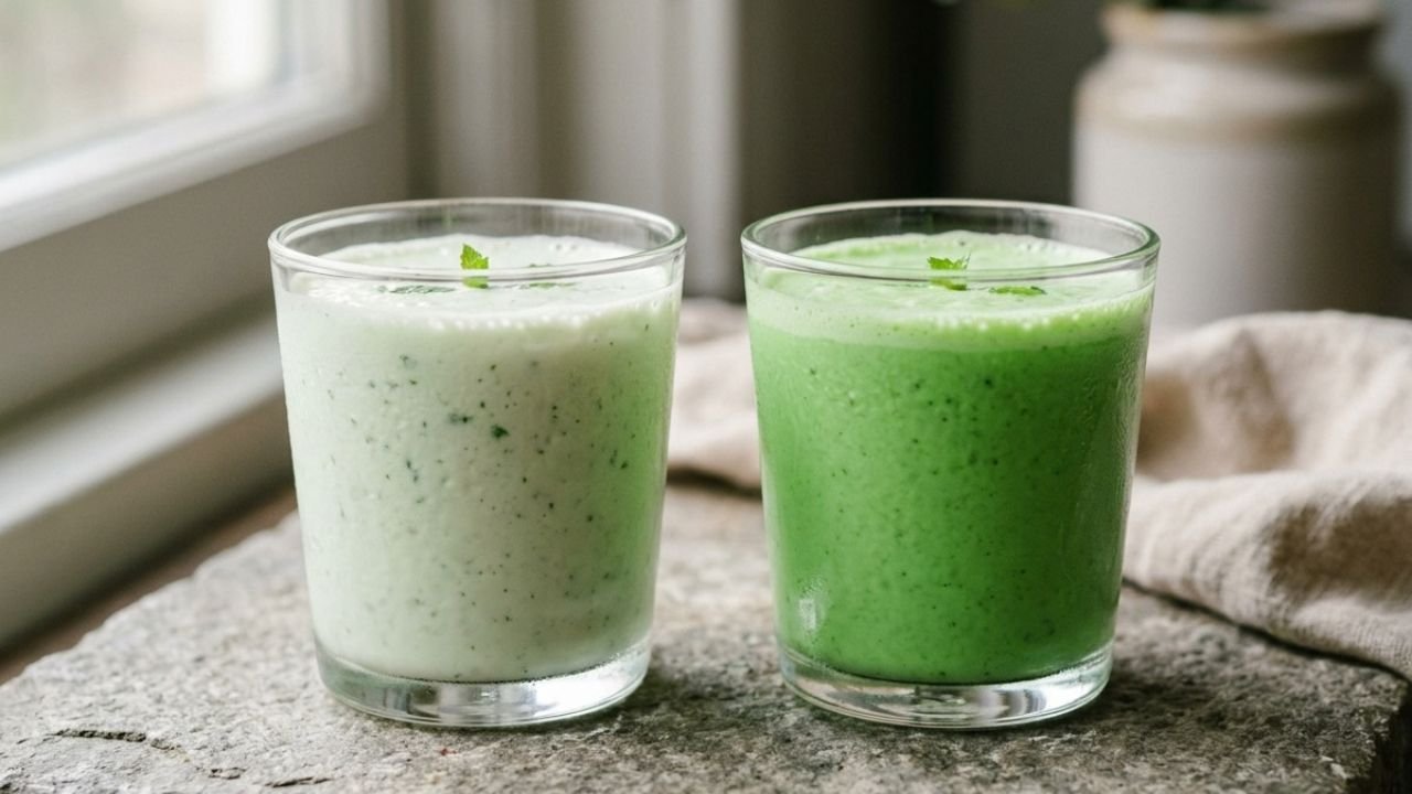 “Two glasses of mint milkshake showing pale green and brighter green color variations.”

