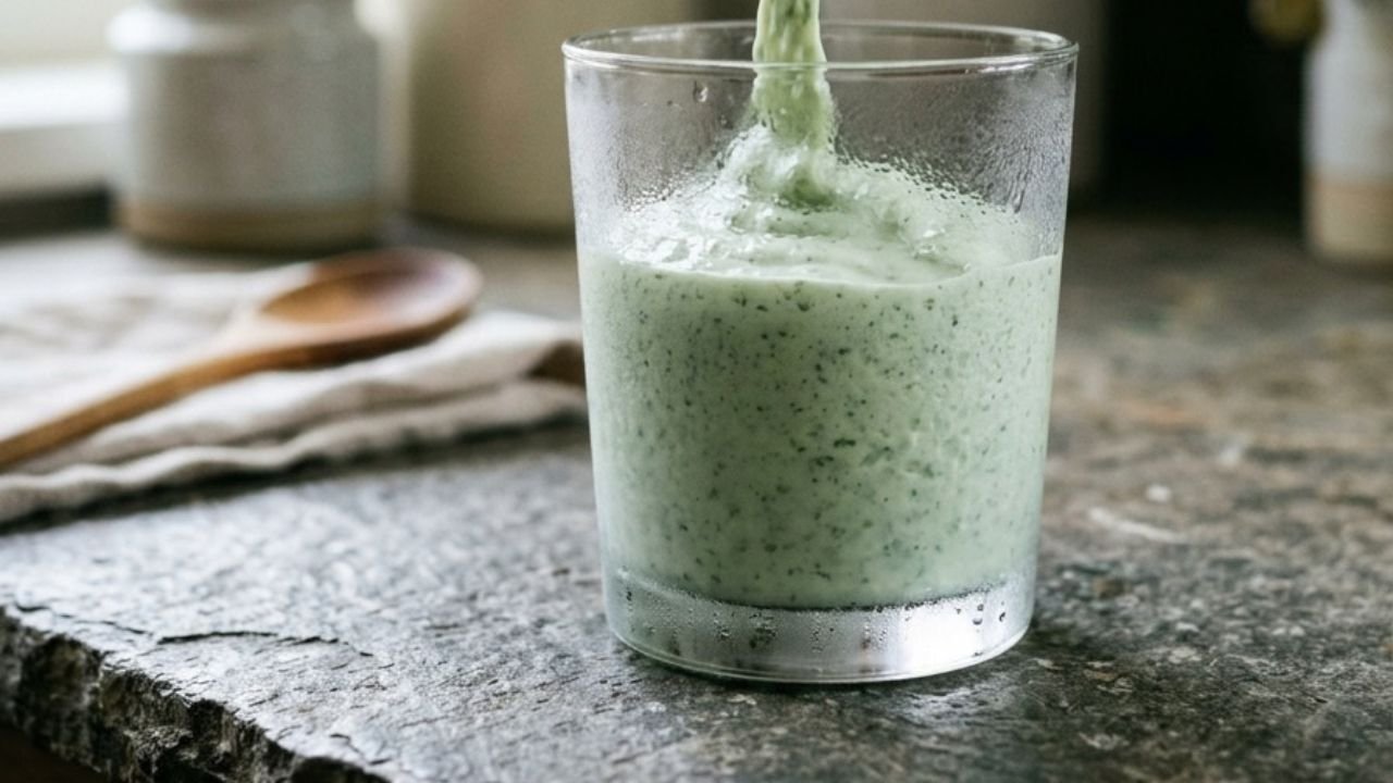 “Thick pale green milkshake being poured from a blender into a clear glass.”

