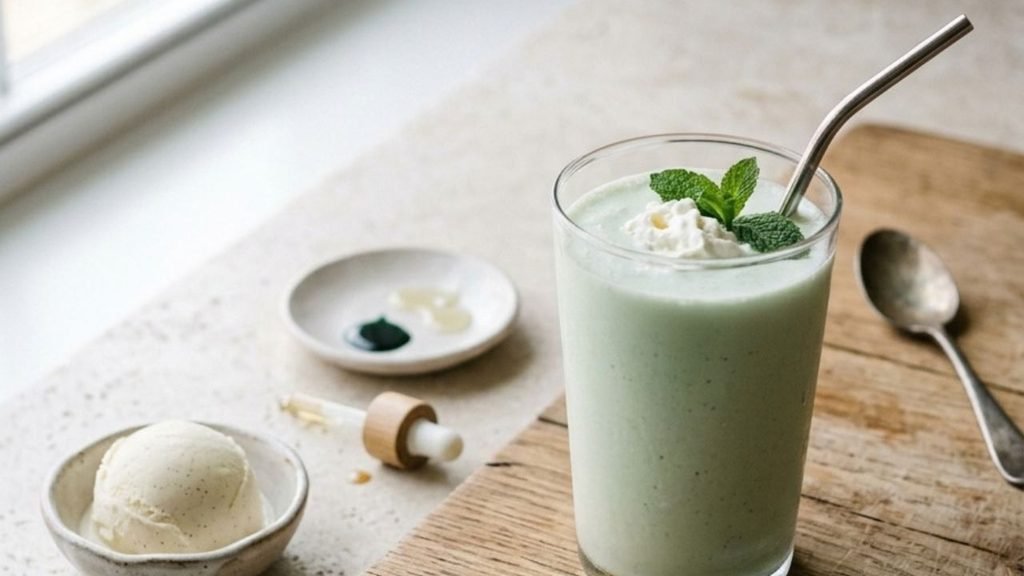 “Pale green milkshake with vanilla ice cream, mint extract, and green coloring arranged nearby.”

