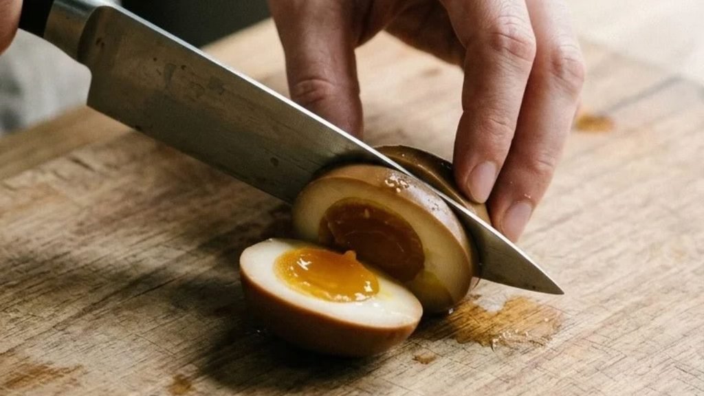 A hand slices a marinated egg lengthwise on a wooden cutting board.
