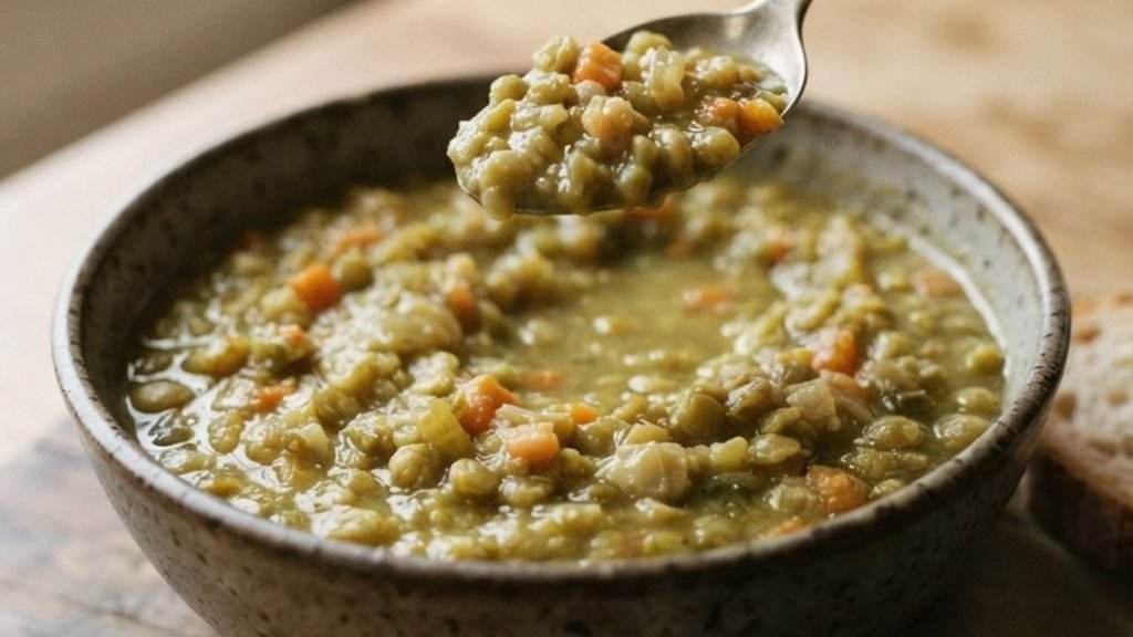 “Spoon lifting thick split pea soup with softened peas and small pieces of carrot and celery.”

