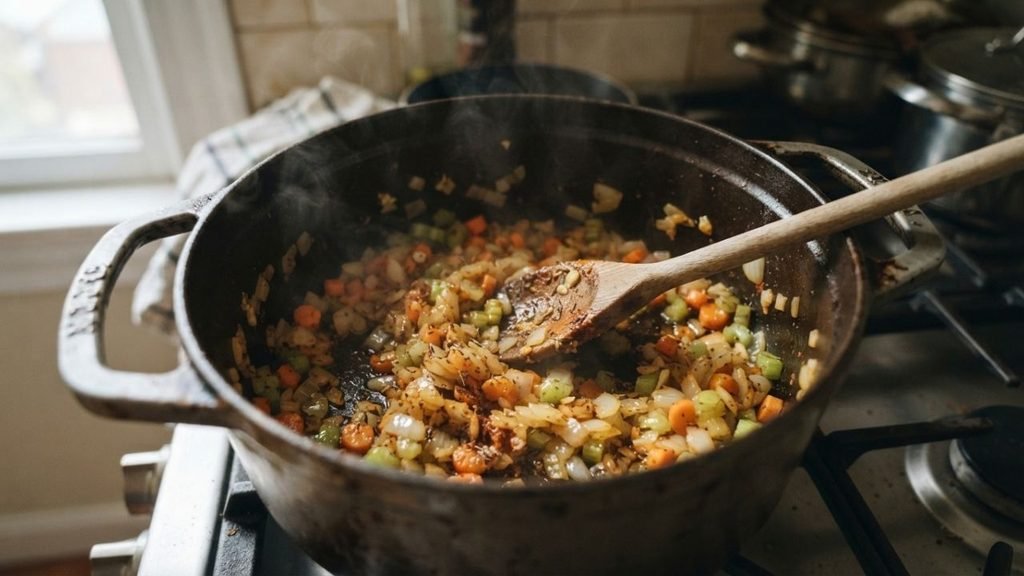 “Onion, carrot, celery and garlic softening in olive oil inside a heavy cooking pot.”

