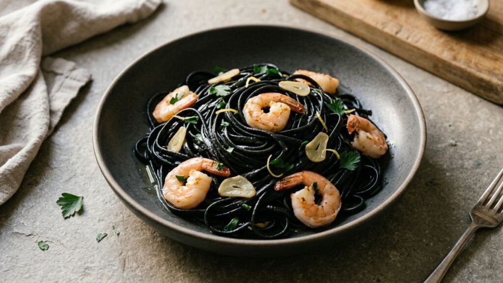 Black squid ink linguine topped with pink shrimp, chopped parsley and lemon zest on a ceramic plate.