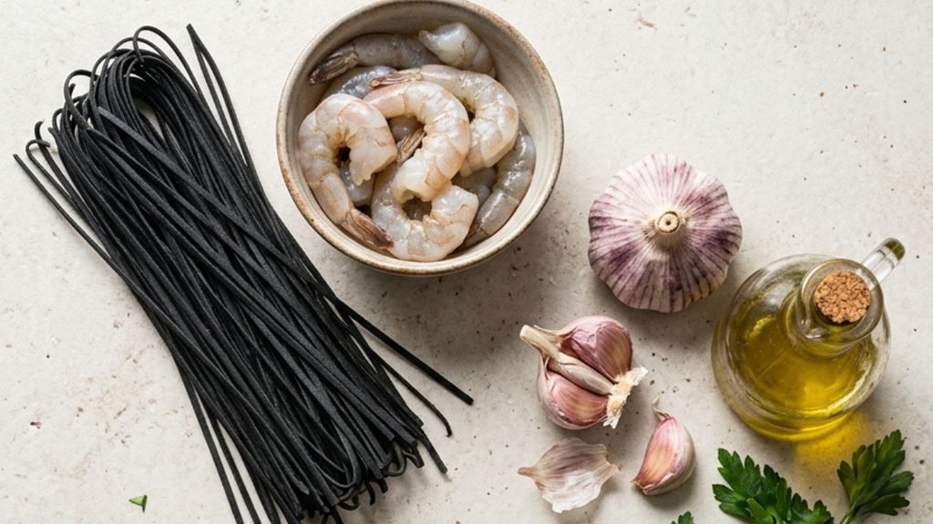 Raw shrimp, black squid ink pasta, garlic, parsley, lemon, olive oil and chili flakes arranged on a kitchen surface.