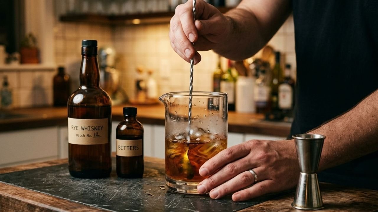 Hands stirring an amber cocktail in a mixing glass beside a jigger.