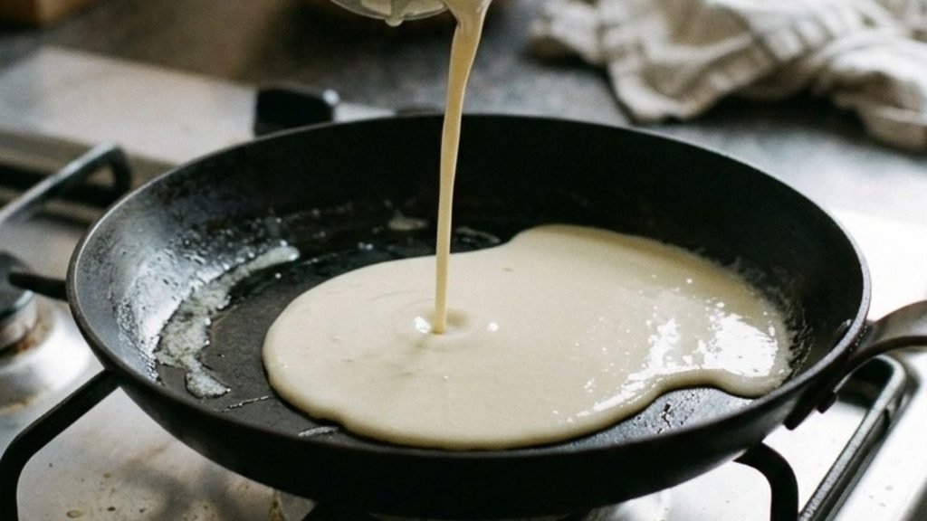Thin pancake batter pours from a ladle into a lightly buttered frying pan.