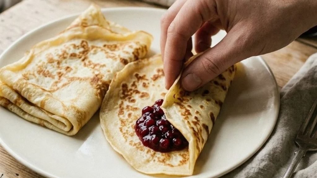 A hand folds a thin golden pancake around red berry jam on a ceramic plate.