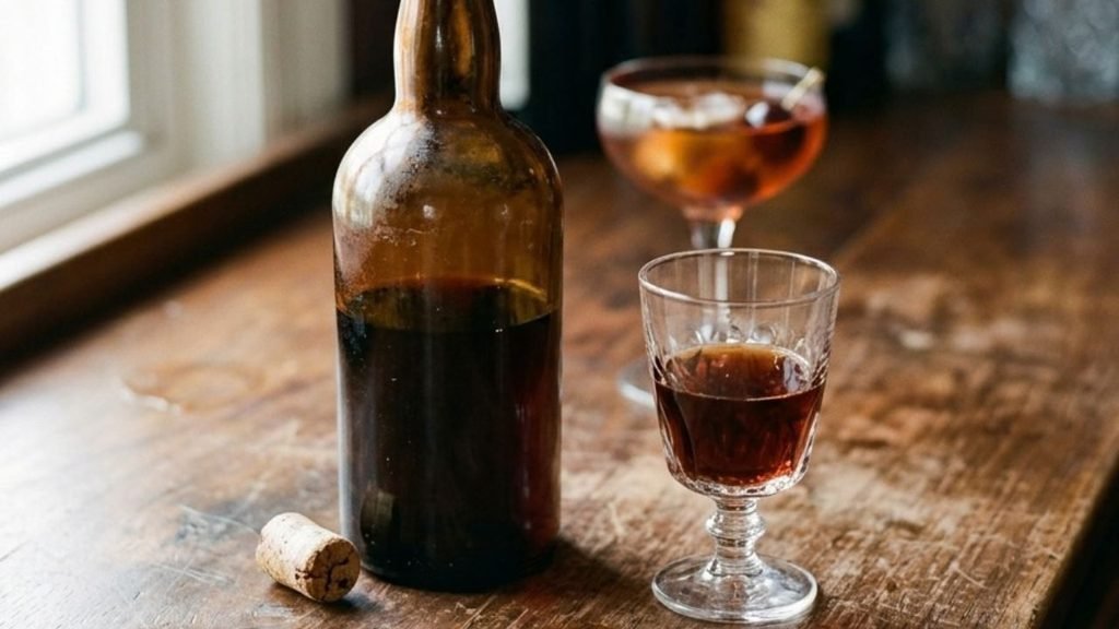 Open vermouth bottle and tasting glass beside a Manhattan cocktail.