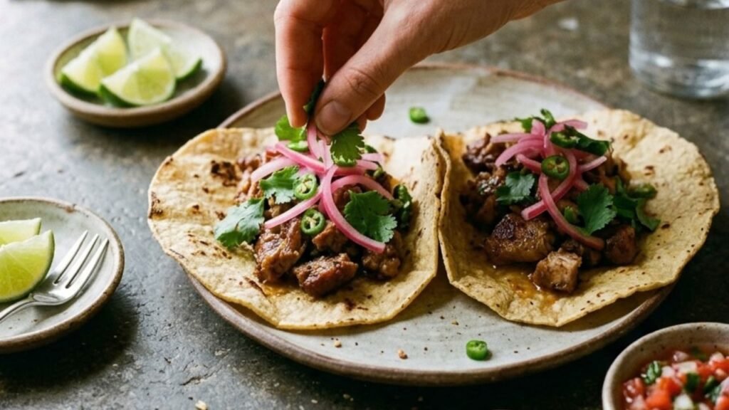 Two tacos on a kitchen counter being finished with pickled onions, herbs and green chile.