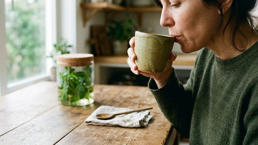 Person tasting plain mint tea while a vessel of steeping mint sits in the background.

