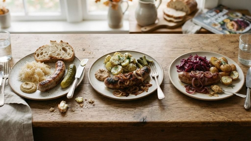 Three different bratwurst plates featuring sauerkraut, onions, potato salad, red cabbage and pickles.


