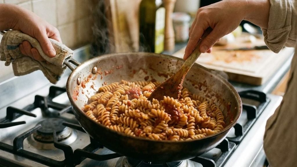 Hands tossing rotini with tomato sauce in a skillet.