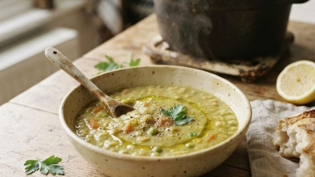 “Thick green split pea soup in a ceramic bowl beside crusty bread on a wooden kitchen table.”
