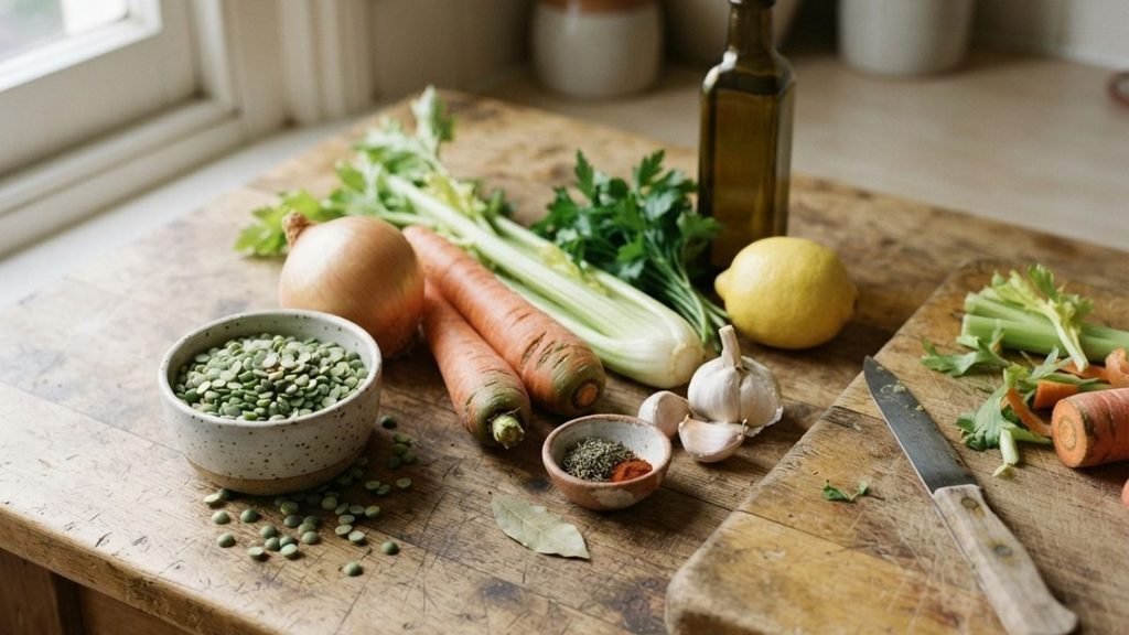 “Dried split peas, carrots, celery, onion, garlic, herbs and spices arranged on a wooden kitchen surface.”

